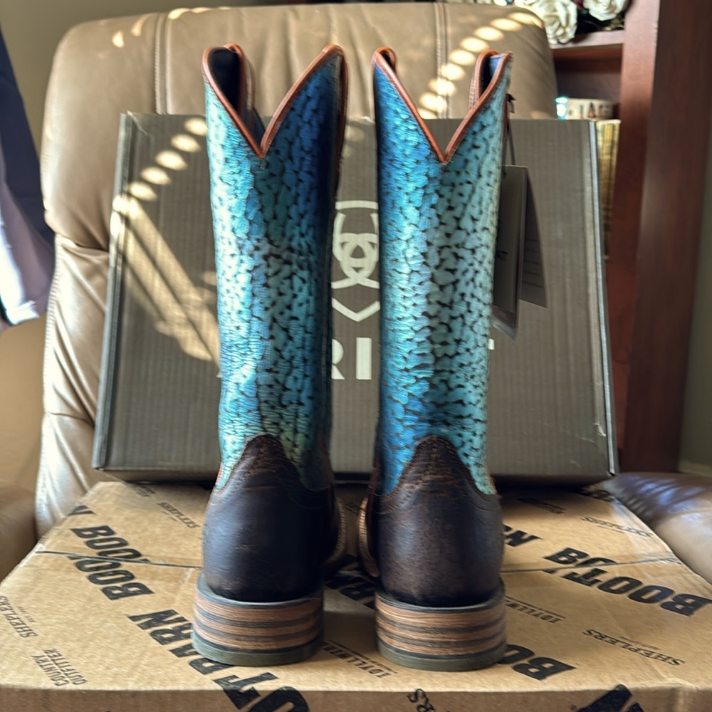 Ariat Brown Leather Western Boots with Turquoise Ombre Shaft - Picture 4 of 8